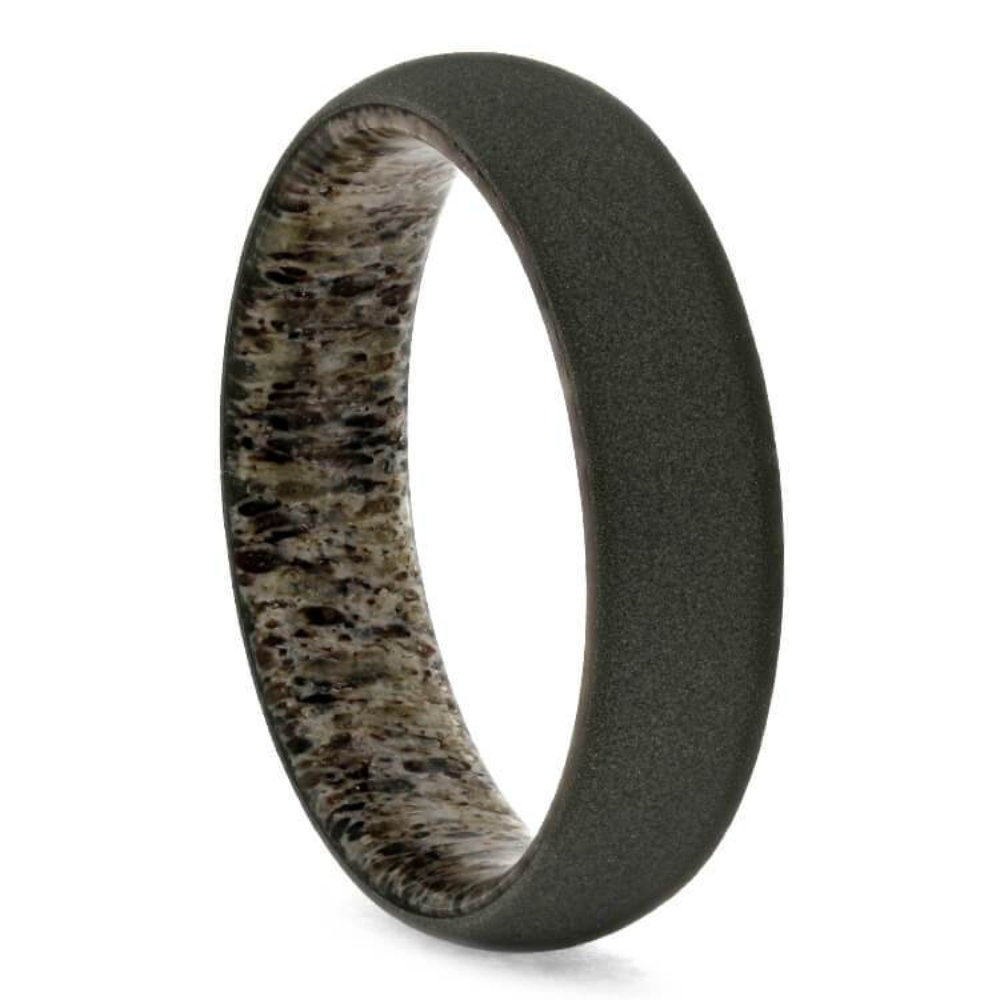  Sandblasted Titanium Overlay with Deer Antler Sleeves 6mm Comfort-Fit Wedding Band